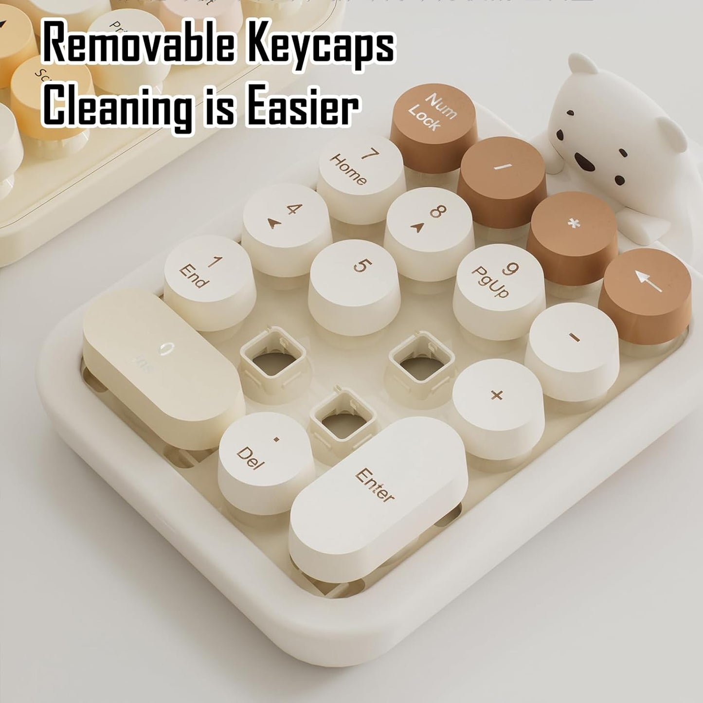 Lomiluskr 2.4G Accounting Cute Wireless Numeric Keypad with Silicone Bear, Colorful Round Keycaps, USB Wireless