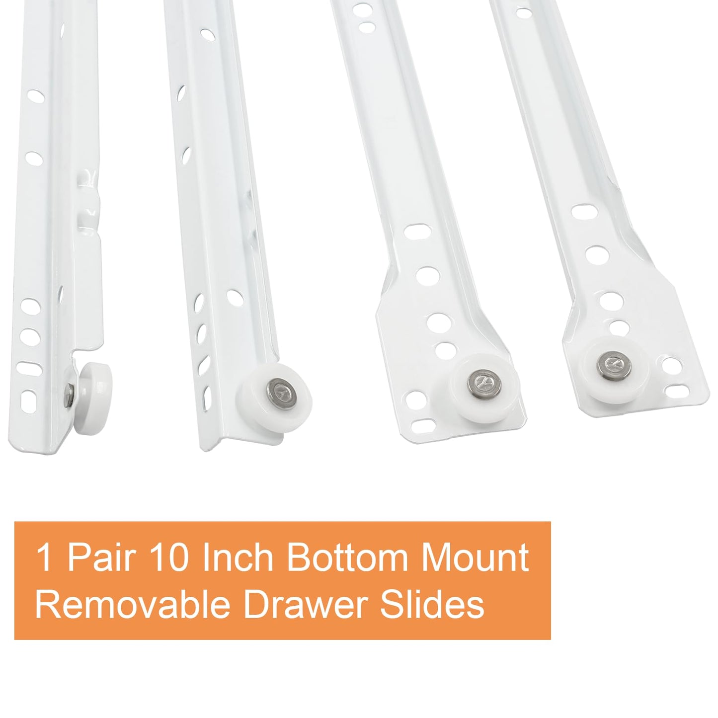 Suiwotin 1 Pair 10 Inch Drawer Slides, White Coated Steel Drawer Track, Removable Bottom Mount Drawer Rails with Smooth Sliding Nylon Wheels