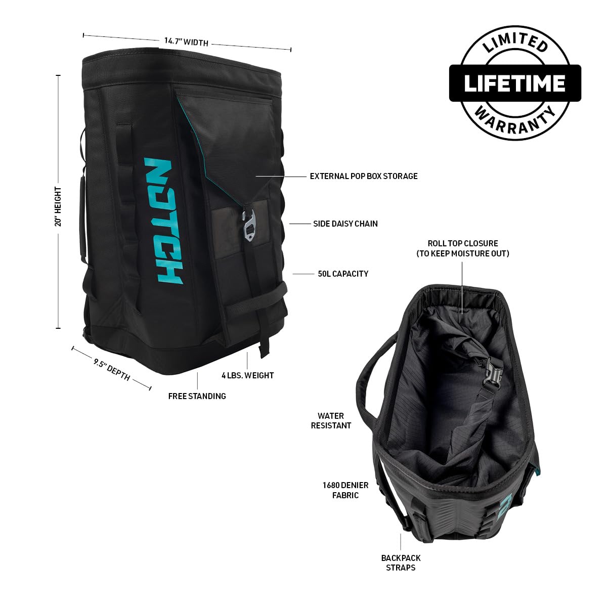 Notch Approach Free-Standing Black Rope Gear Bag, 50L Capacity, Storage pockets, Padded Shoulder Straps, Side Daisy Chains, Roll-Top Closure, Weather Resistant 1680 Denier Fabric (99754)