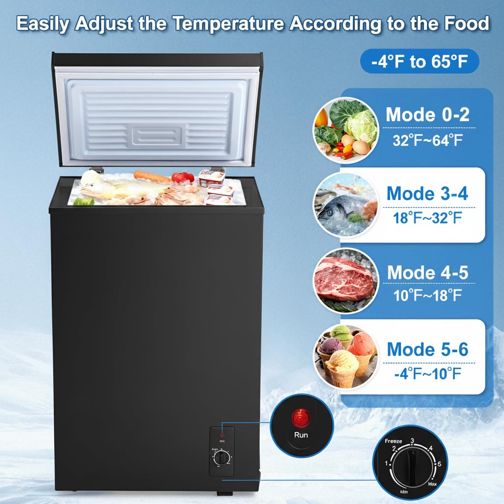 PLENTORA 3.5 Cu.Ft Small Chest Freezer Compact Deep Freezer with 7-Level Temperature Control, Rapid Cooling, Energy Efficient & Quiet for Home, Garage, Apartment, and Kitchen, Black