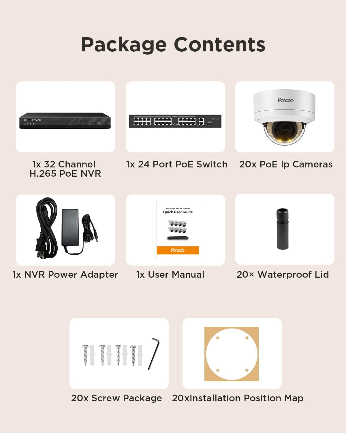 PANOOB 32 Channel Security Camera System, 20x 5MP Wired IK10 Vandal-Proof Dome IP PoE Cameras Outdoor with Human Vehicle Detection, Color Night Vision, 2 Way Audio, 4K 32CH NVR 8TB HDD, PD54Y2032-5M