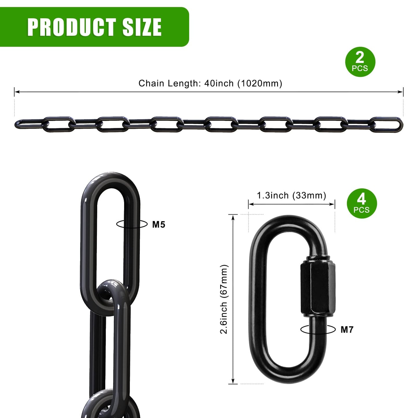 SELEWARE 2 Pack 40 Inch Hanging Swing Chain with 4 Carabiners, 1000LB Capacity Plastic Coated Hanging Chains, Hammock Hardware Kit for Swing, Hanging Chair, Punching Bags, Indoor Outdoor Gym (Black)