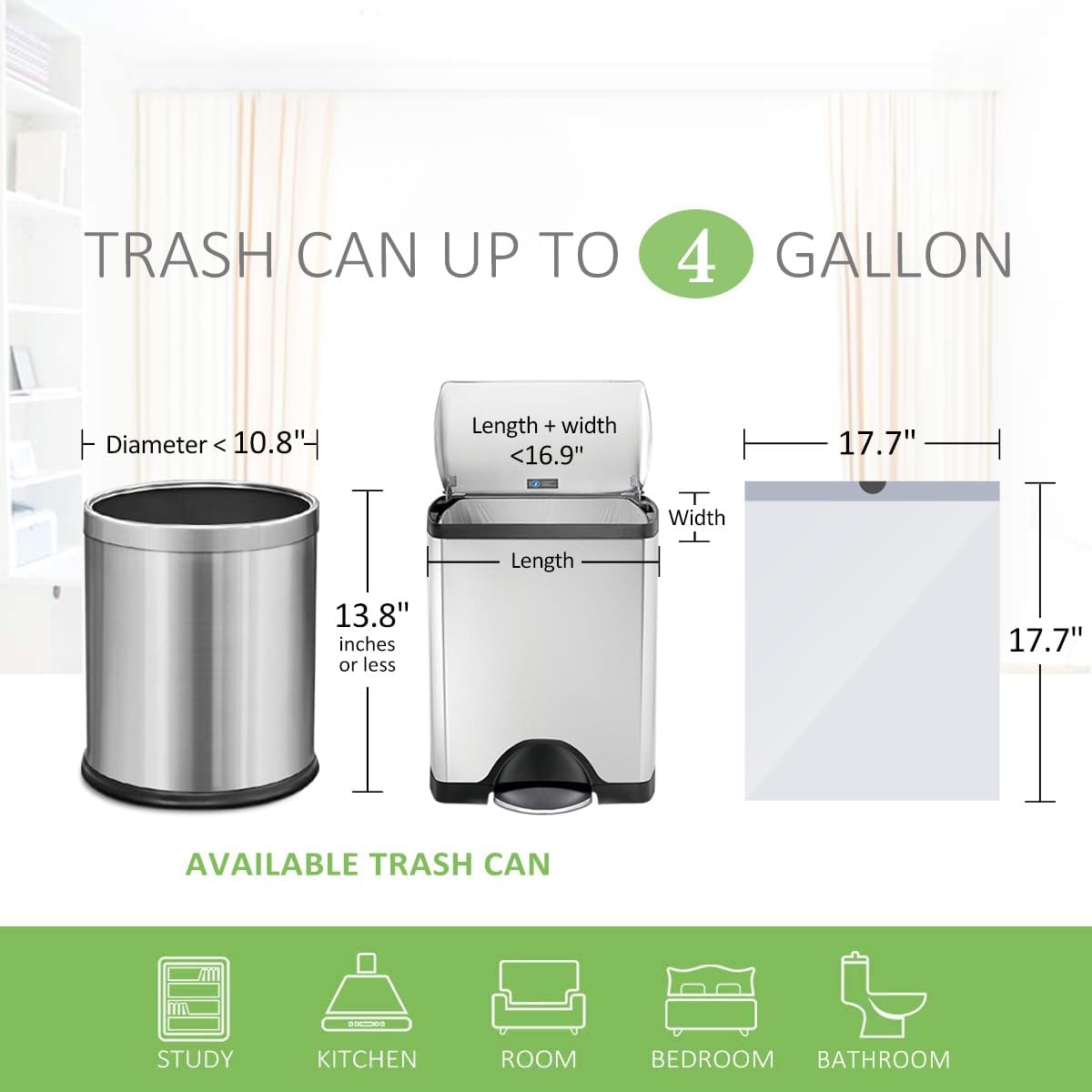 Teivio 4 Gallon Drawstring Trash Bags - 140 Count Strong Bathroom & Kitchen Bin Liners | White