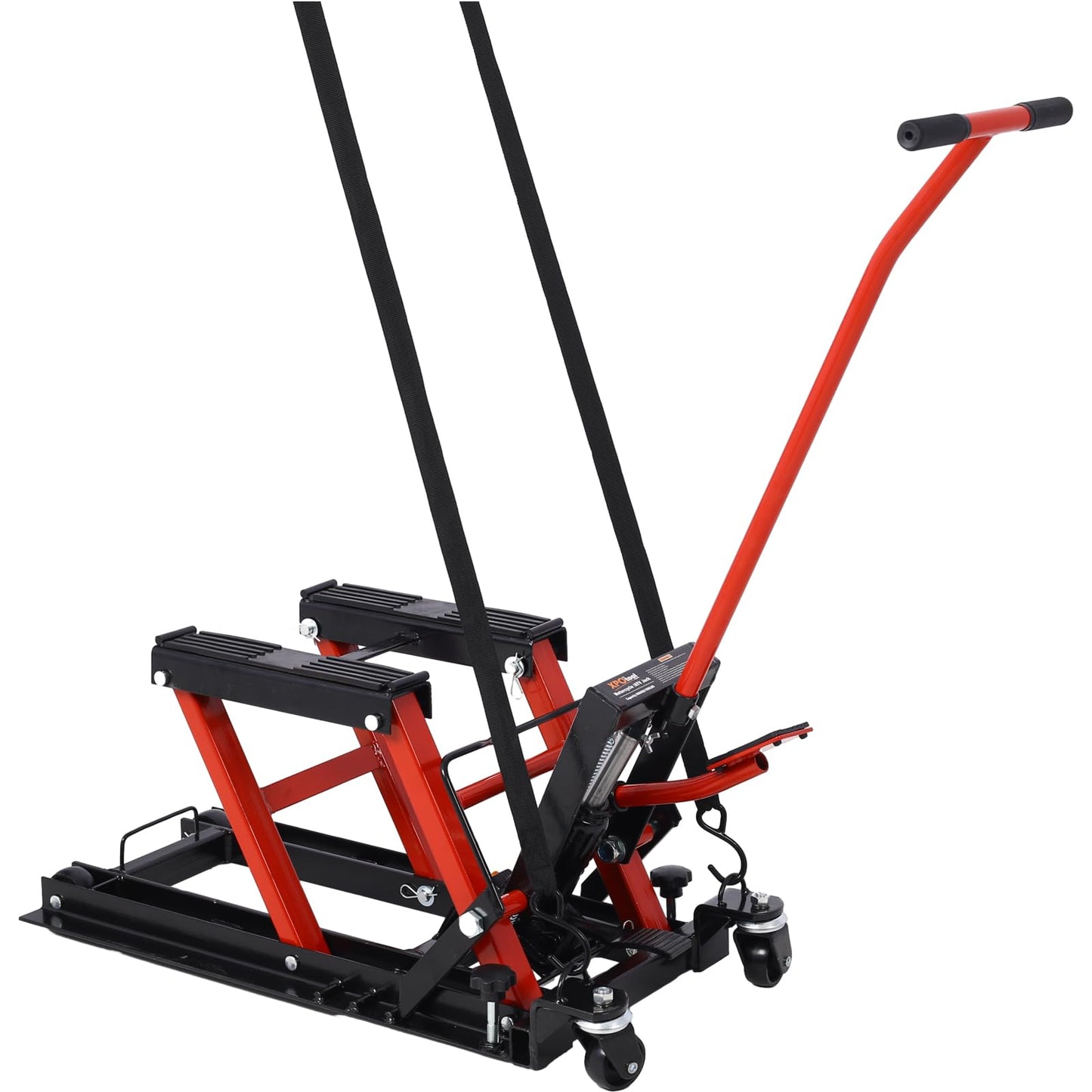 SPOFLYINN Hydraulic Motorcycle Lift Jack Foot-Operated Motorcycle Lift Table with 4 Wheels 1500 LBS Capacity 4.5" - 15" Lifting Range Black+red