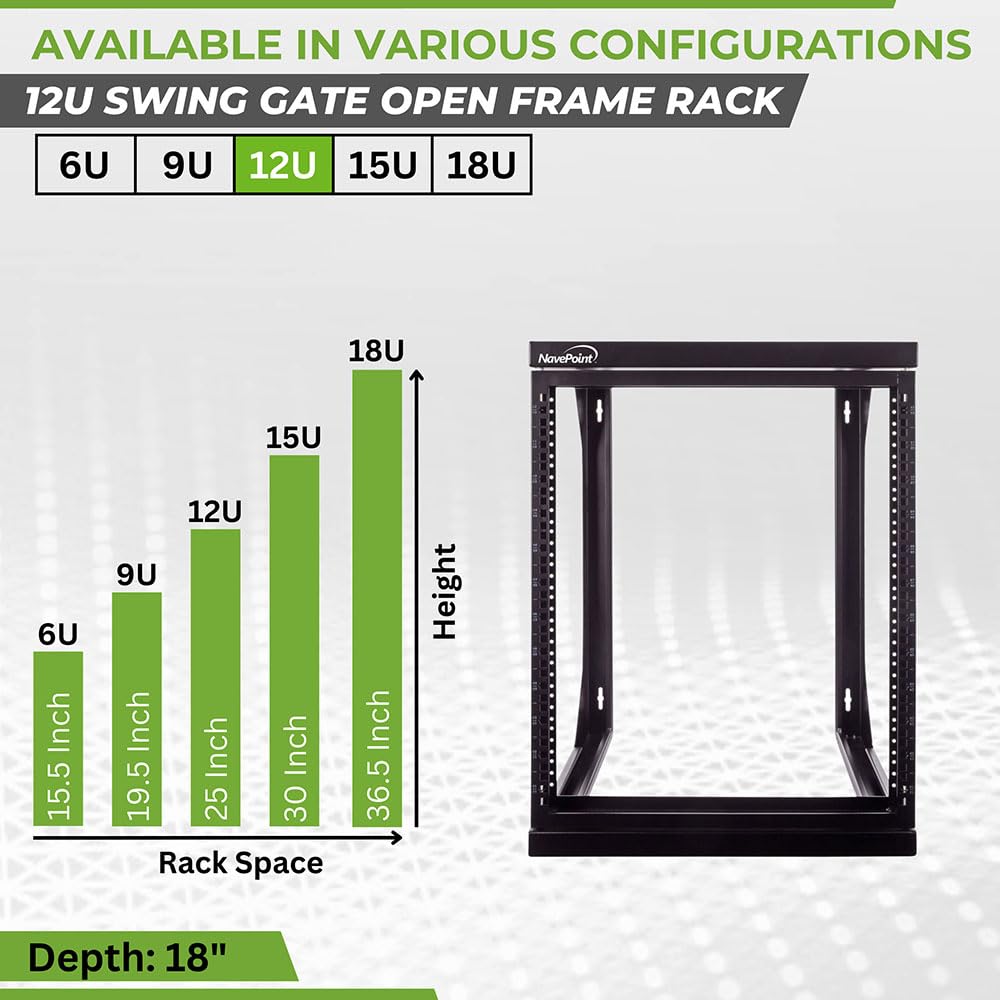 NavePoint 12U Server Rack with Swing Gate - Wall Mount Rack for 19 Inch IT Equipment Open Frame Rack – Network Rack Wall Mount for AV & Server Equipment 18” Deep Rack, Black