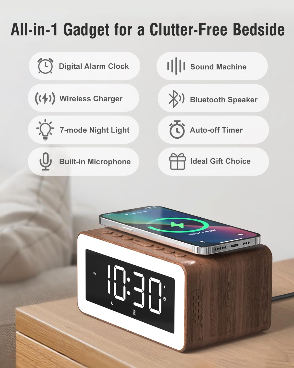 Alarm Clock with Wireless Charging, Bluetooth Speaker, White/Brown Noise Sound Machine Night Light, Wooden Digital