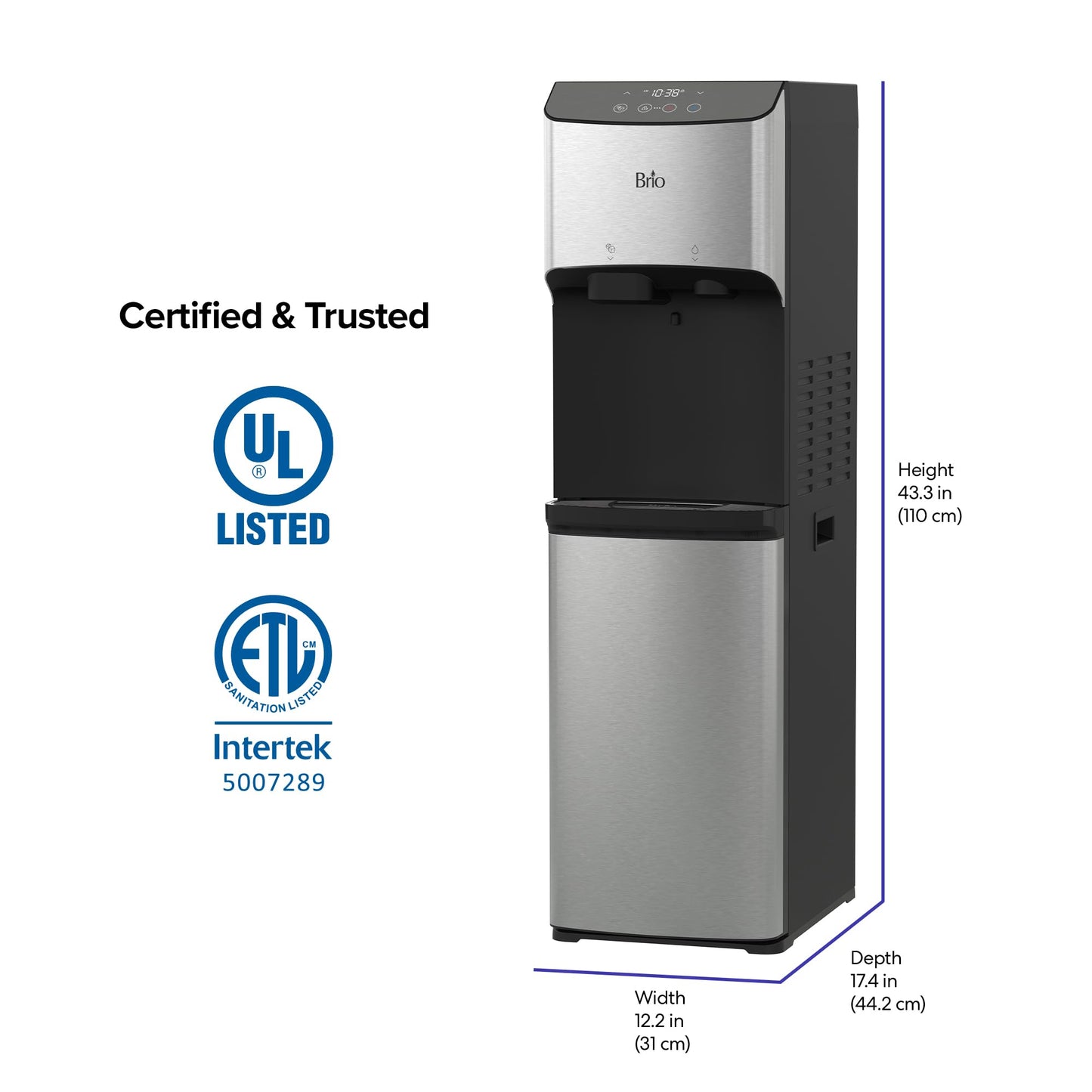 Brio 520 ICE Water Dispenser for 5 Gallon Bottle | Bullet Ice Maker Bottom Load Cooler | UV Self Cleaning, LED Touch Display with Digital Clock, Night Light, Child Safety Lock | 2X Fast Dispense