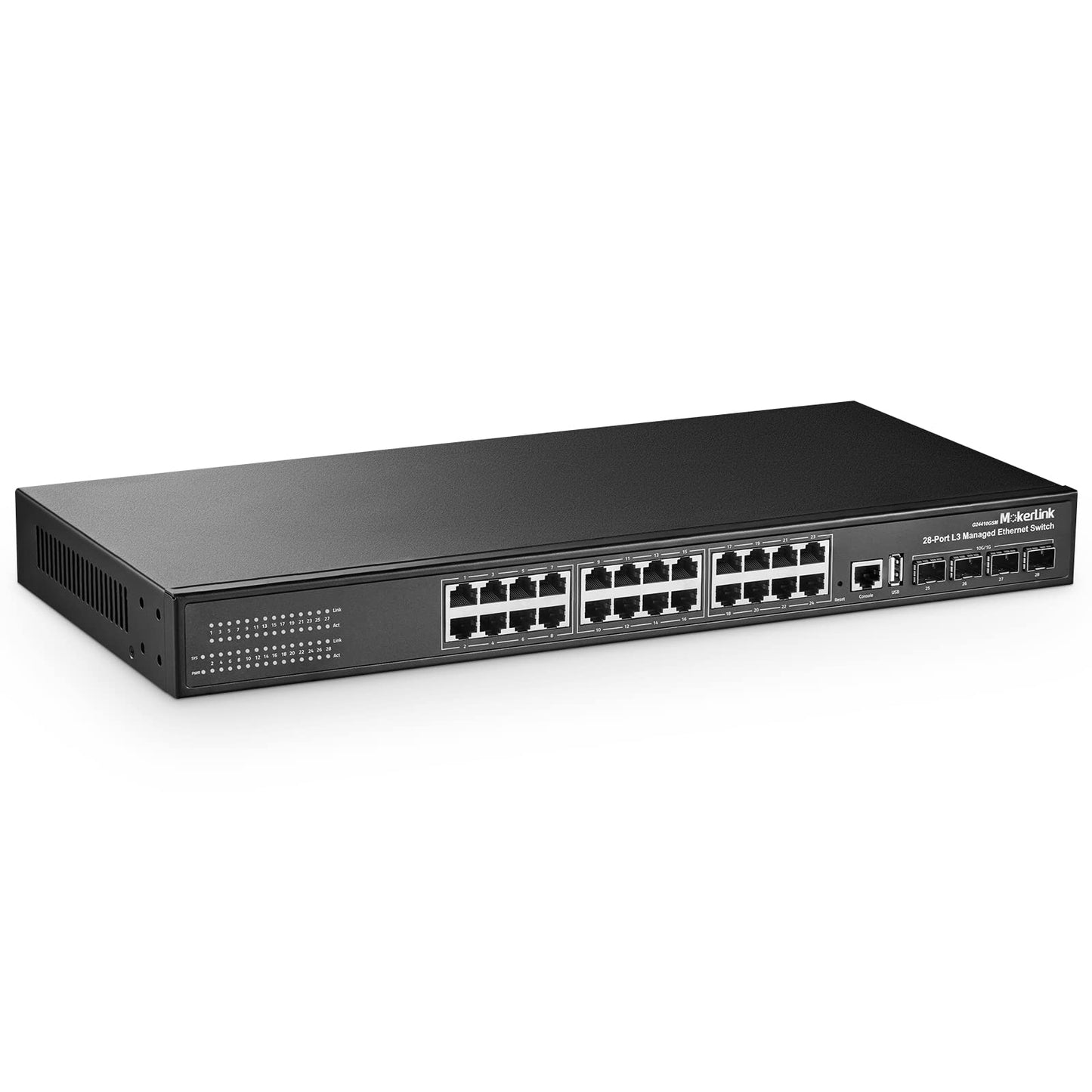 MokerLink 28 Port Gigabit Managed Switch, 24 Port GE, 4 x 10G SFP+ Uplink, 1 Console Port, 1 USB Port, L3 Smart Managed, Rackmount Fanless, DHCP QoS Vlan IGMP and Static Routing