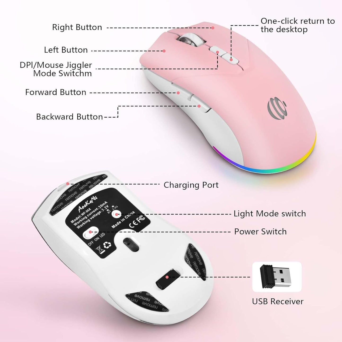 mobiproduct 3 5.2 2.4G) Wireless Bluetooth Mouse, Rechargeable USB Optical Mouse, Adjustable DPI, LED Silent Dual