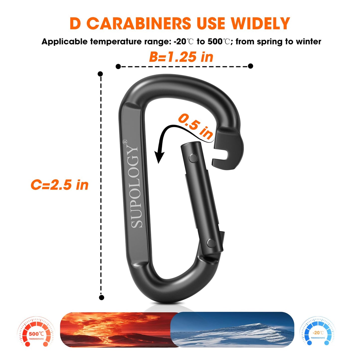 Carabiner Clips, 900 LBS 2.5" Iron Heavy Duty Caribeaners for Hammocks, Camping Accessories, Hiking and Gym, D Shaped Spring Hook Small Carabiners for Dog Leash, Key Ring (10PCS)