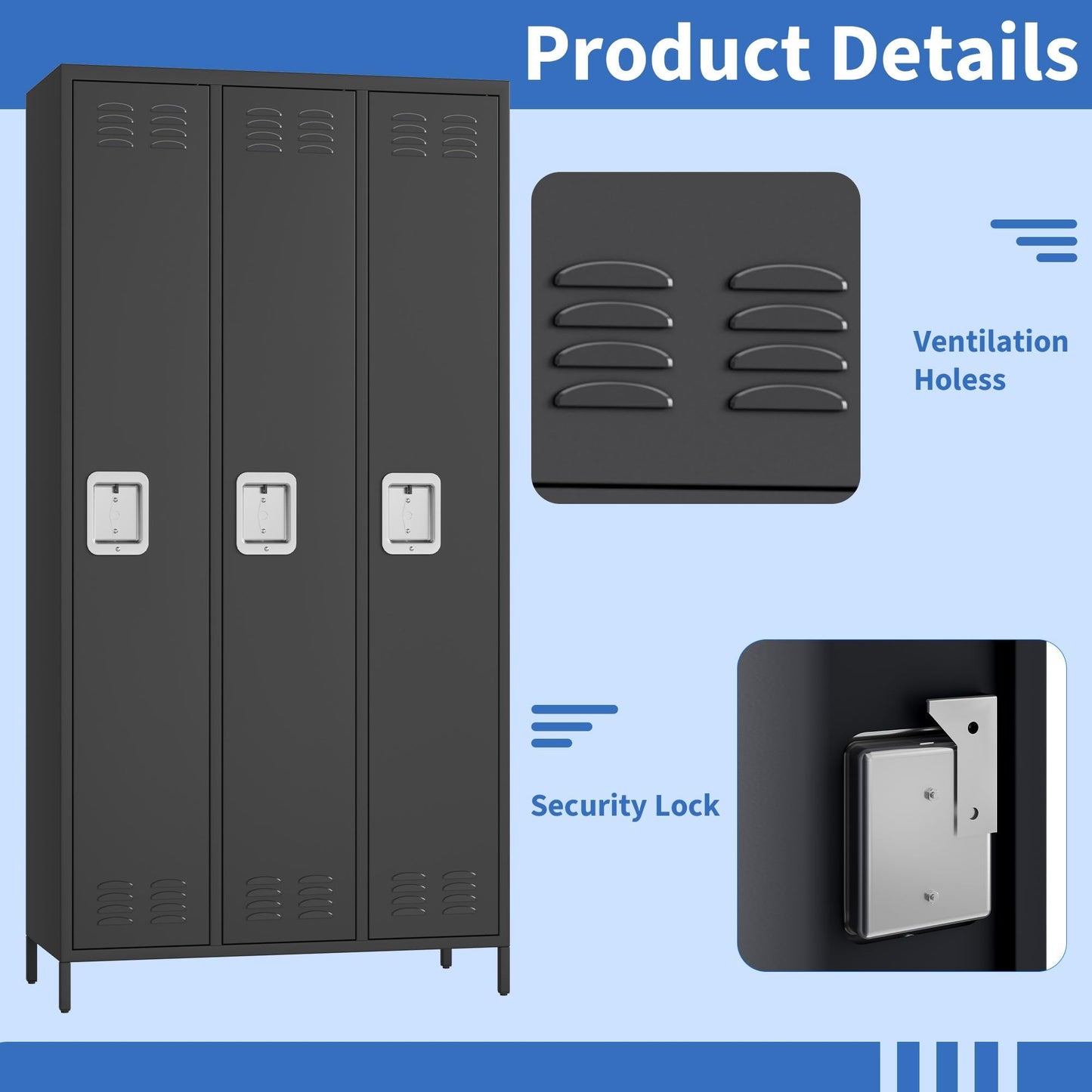 GAOMON 3 Doors Employee Lockers for Office, Metal Sorage Locker Combination, Lockable Employees Metal Locker with Door, Industrial Storage Lockers for Home, School, Gym (3 Doors)