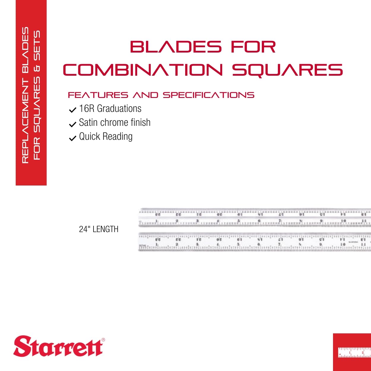 Starrett Blade Only for Combination Squares, Sets and Bevel Protractors - Ideal for Woodworking and Metalworking - 24" Length, Satin Chrome Finish, 16R Graduation - CB24-16R