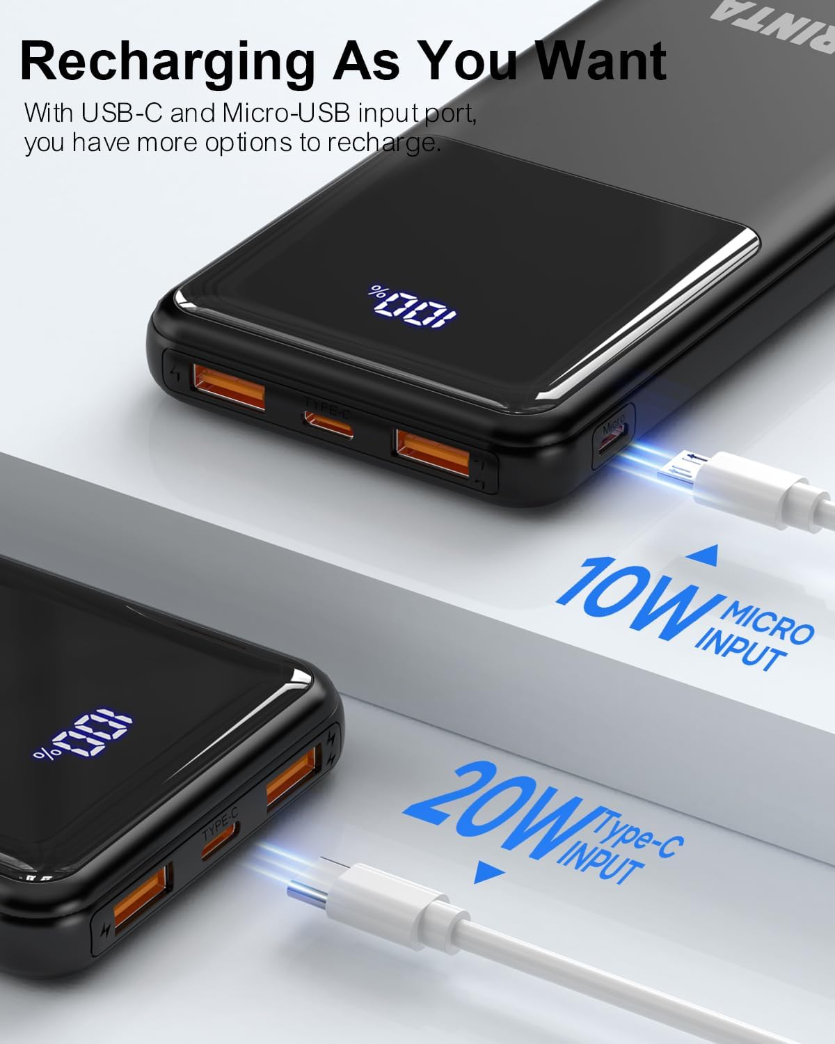 ARINTA 10000mAh 22.5W Pack, Power Bank Portable Charger PD Battery LED Display & USB-C in/Out, Travel Essentials