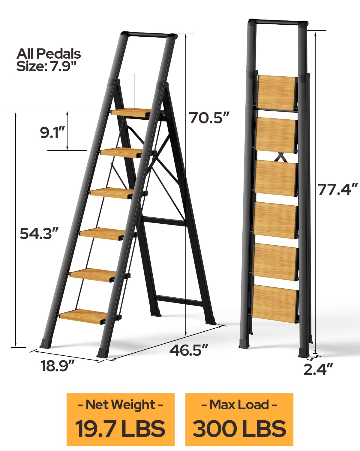 GameGem 6 Step Ladder for 12 Feet High Ceiling, Lightweight Aluminum Folding Step Stool with Convenient Handgrip, Stepladders with Anti-Slip and Wide Pedal for Home Use Space Saving - Black+Woodgrain