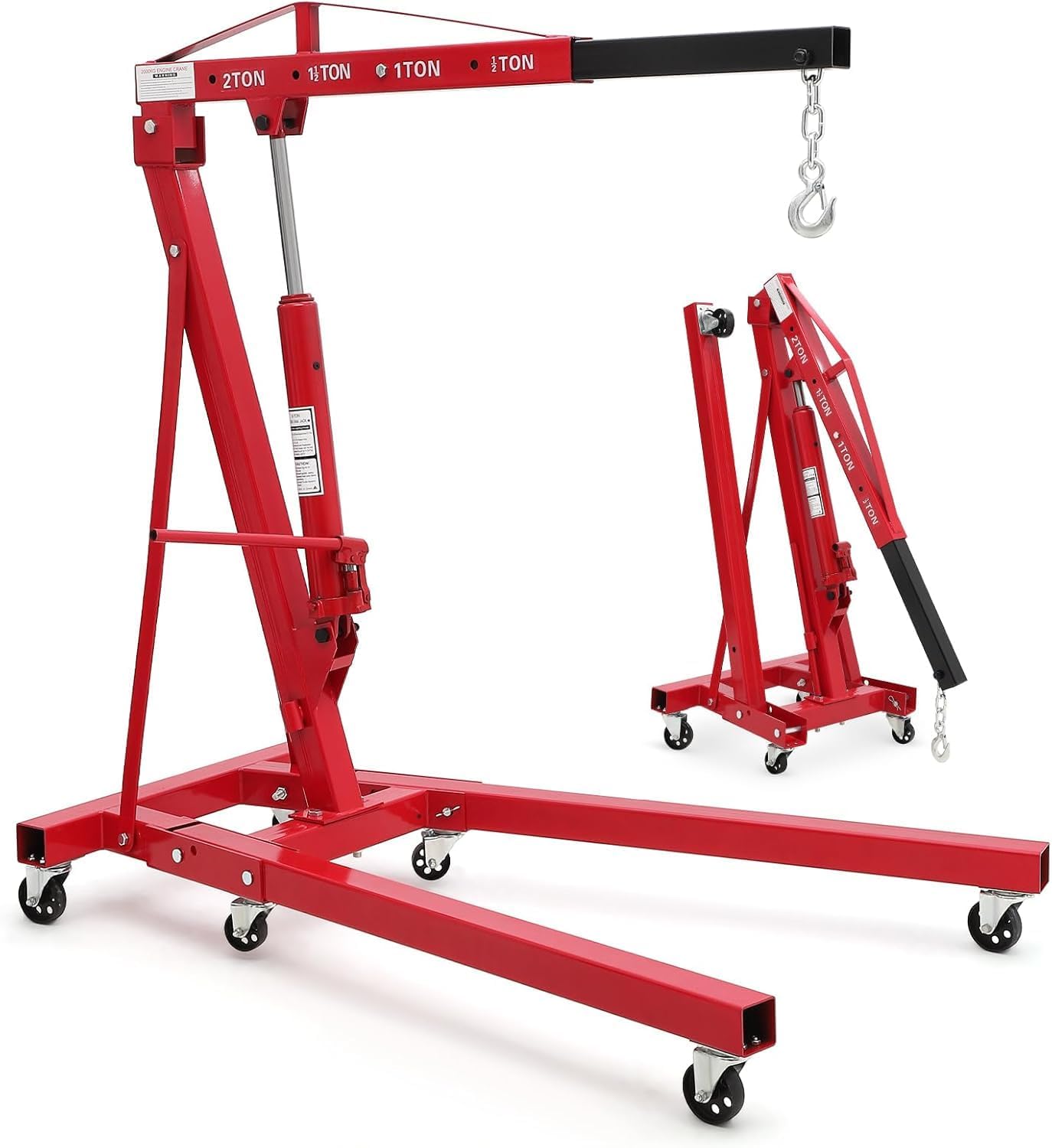 ActiveTrail 2 Ton Folding Hydraulic Engine Hoist, Load Leveler, 4400 LBS Capacity, Heavy Duty Cherry Picker, 6 Swivel Wheels, Hydraulic Pump Adjustable Boom (0.5t-2t) for Garage Workshop Warehouse