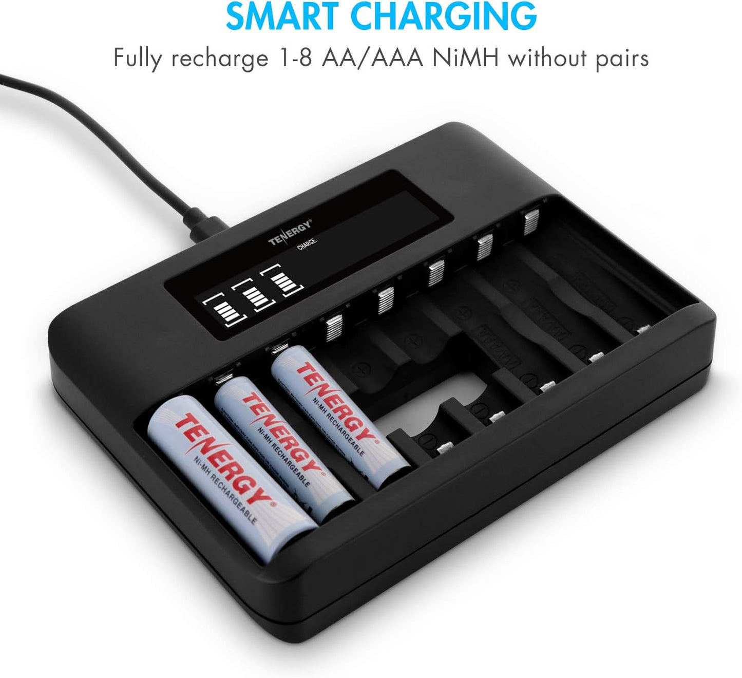 Tenergy TN480U 8-Bay 4pcs 2500mah 4pcs 1000mah LCD Display Fast Charger for NiMH/NiCD AA AAA Rechargeable Batteries