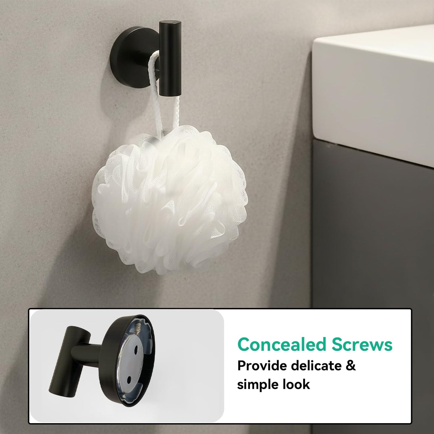 RoDzj Matte Black Bathroom Hardware Set 6-Piece, SUS304 Stainless Steel Bath Accessories Kit, Includes 24" & 16" Towel Bars, Toilet Paper Holder, Towel Ring, 2 Robe Hooks, Wall Mounted Round Style