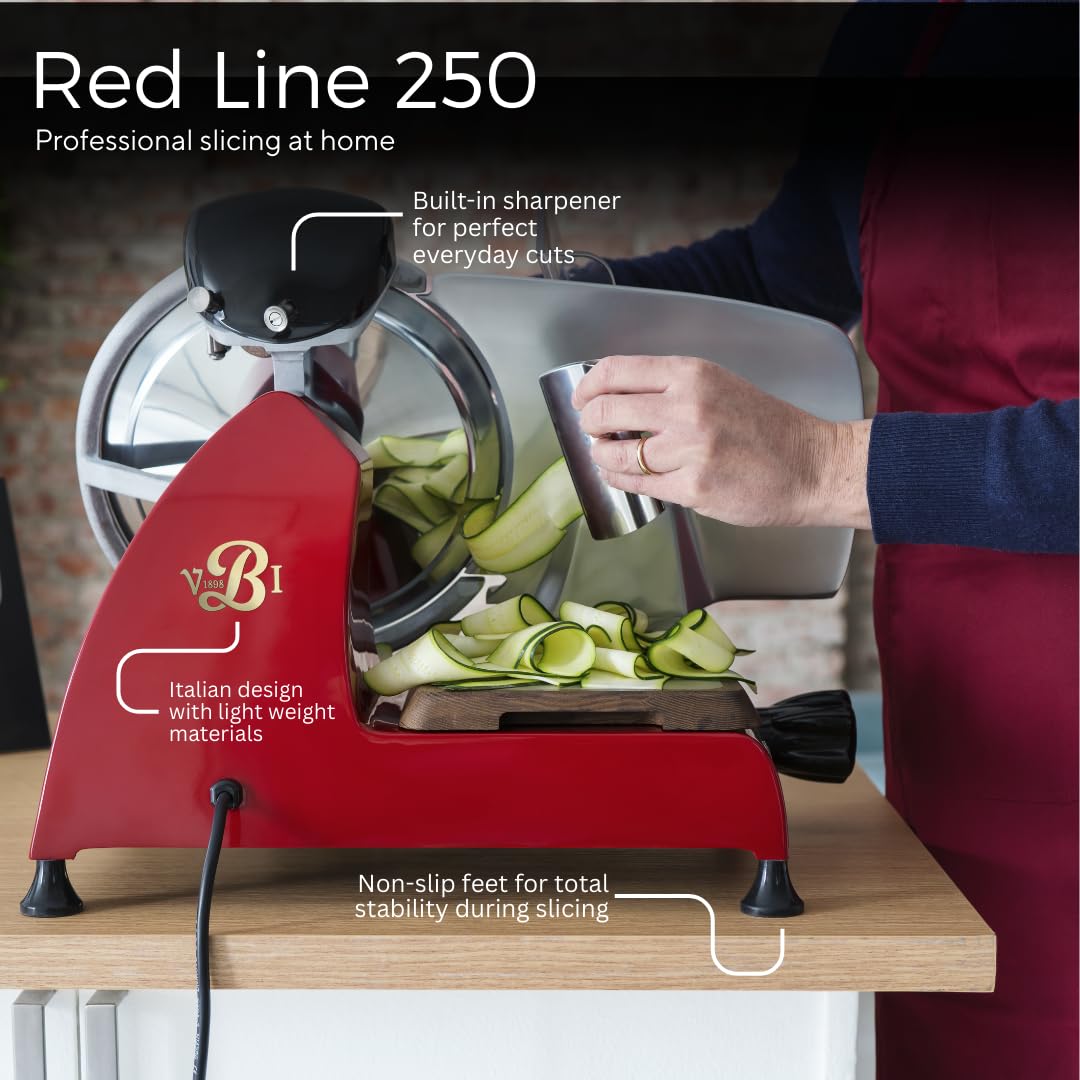 VBI Milano 1898 Red Line 250 Electric Food Slicer | 10" Blade | Perfect Cuts & Reduced Waste | Built-In Sharpener | Premium Kitchen Appliance | Italian Heritage Since 1898 (Red)