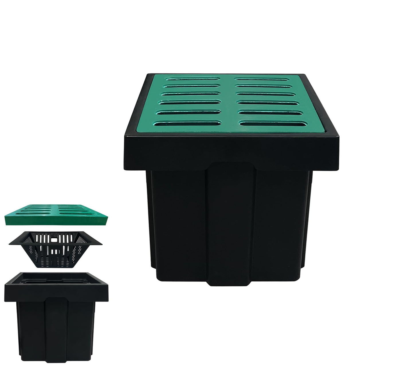 Natotela Catch Basin for Drainage with Fiber Glass Grate-18x18x15 in. Large Drainage Basin with Debris Basket,A15 French Drain Basin Without Reserved Hole for Yard,Downspout,Lawn,Municipal Pipeline