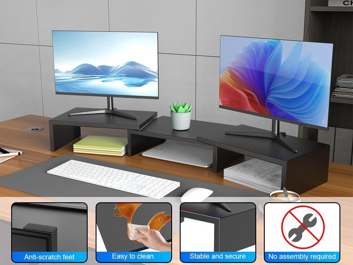 Black Metal Dual Monitor Stand - Ergonomic Desk Riser for Home and Office