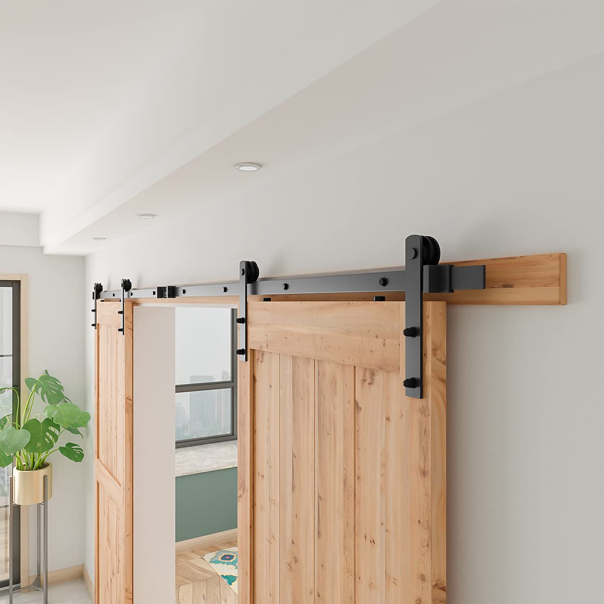 SMARTSTANDARD 11ft Heavy Duty Sturdy Double Sliding Barn Door Hardware Kit -Smoothly and Quietly -Easy to Install -Includes Installation Instruction Fit 33" Wide Door Panel (I Shape Hanger)