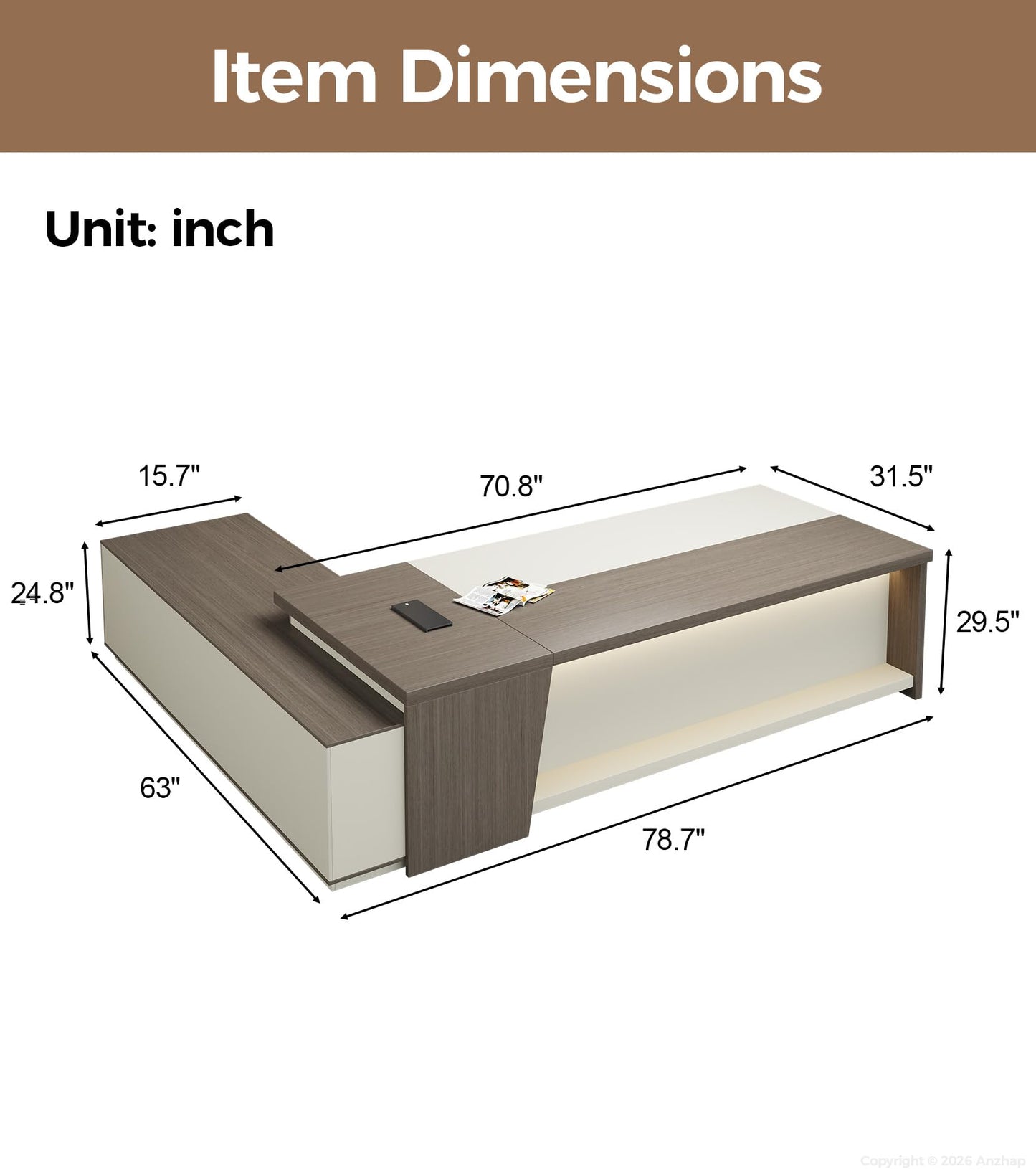 Anzhap 79" L-Shaped Executive Desk with Drawers, Large Modern Office Desk with Storage Shelves, LED Lighting, Built-in Outlet & USB Ports – Home Office Desk (Smoked Oak & Cream White, Right Return)