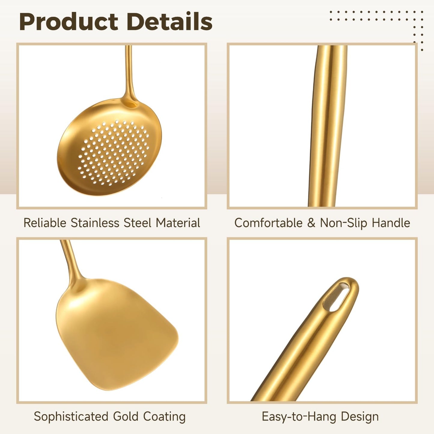 12 Pcs Gold Cooking Kitchen Utensil Set - 304 Stainless Steel Cooking Utensils with Ergonomic Handle, Include Spatula Turner Soup Ladle and Food Tongs, Excellent Cooking Gadgets Tools Set