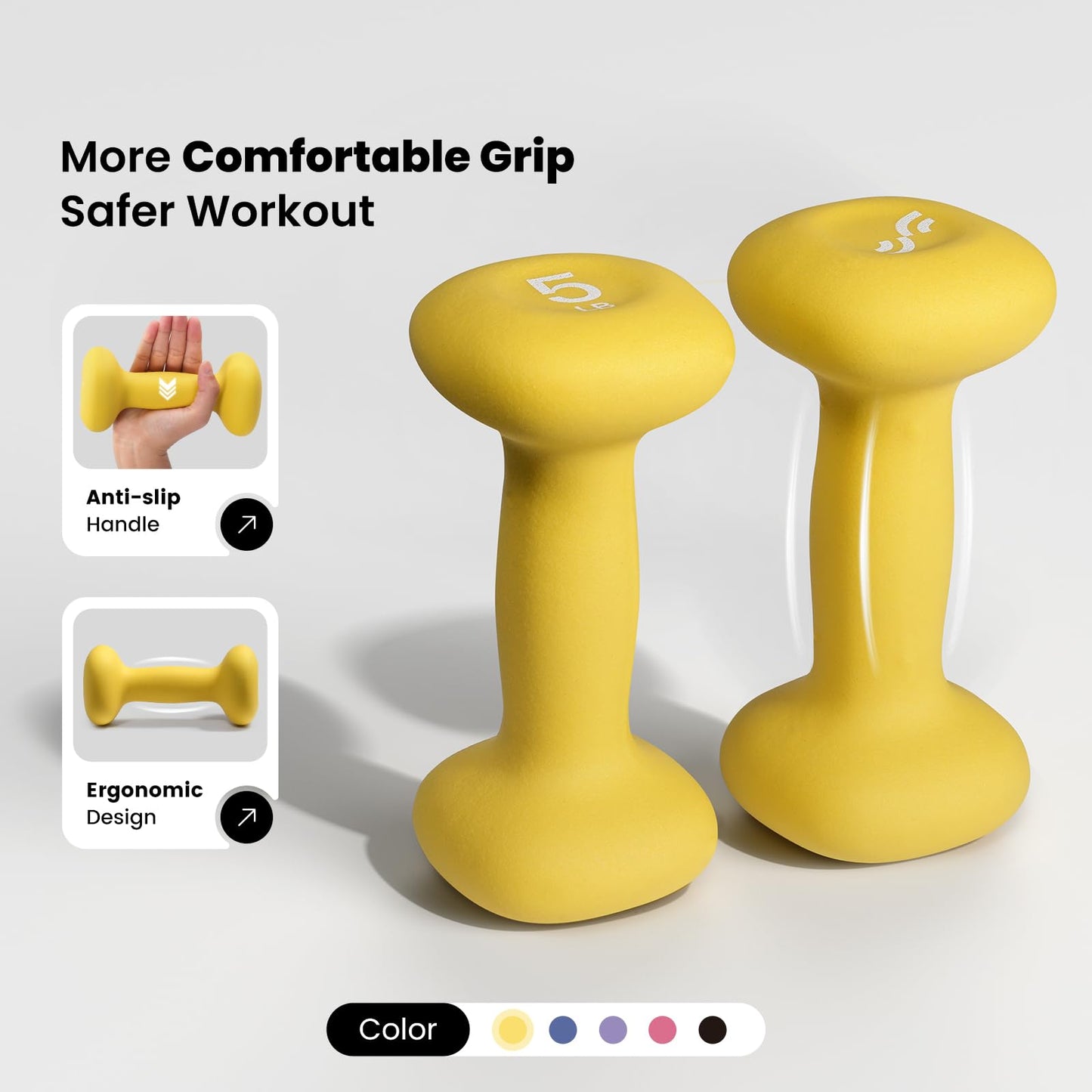 Sportneer Neoprene Dumbbells Set of 2, 2,3, 5, 8, 10lb Hand Weights for Women, Non-Slip Ergonomic Design, Anti-Roll Square Shape at home weights for women (Butter Yellow, 5lb-pair)