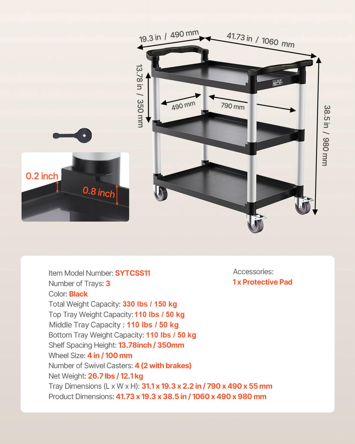 VEVOR Utility Cart, 330 lbs Load Capacity, 3-Tier Utility Plastic Cart with 360° Swivel Wheels (2 with Brakes), 31.1 x 19.3-inch Food Service Cart for Warehouse, Office, Home, Restaurant, Kitchen