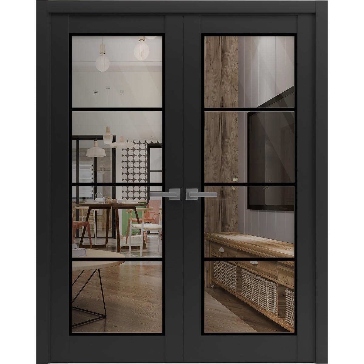 SARTODOORS Lucia 2466 | Double Swing Interior French Doors | Clear Glass, Solid Wood | Frame & Hardware Included | 60 x 96, Black Matte, Modern