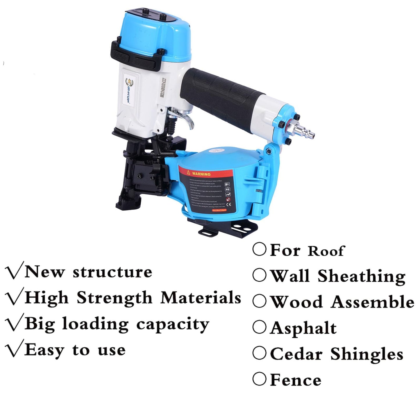 BHTOP Guatemala Style CN45N Roofing Nailer, 15 Degree Roofing Nail Gun, 3/4-Inch to 1-3/4-Inch Coil Nails, 120-pcs Load Capacity Coil Nailer