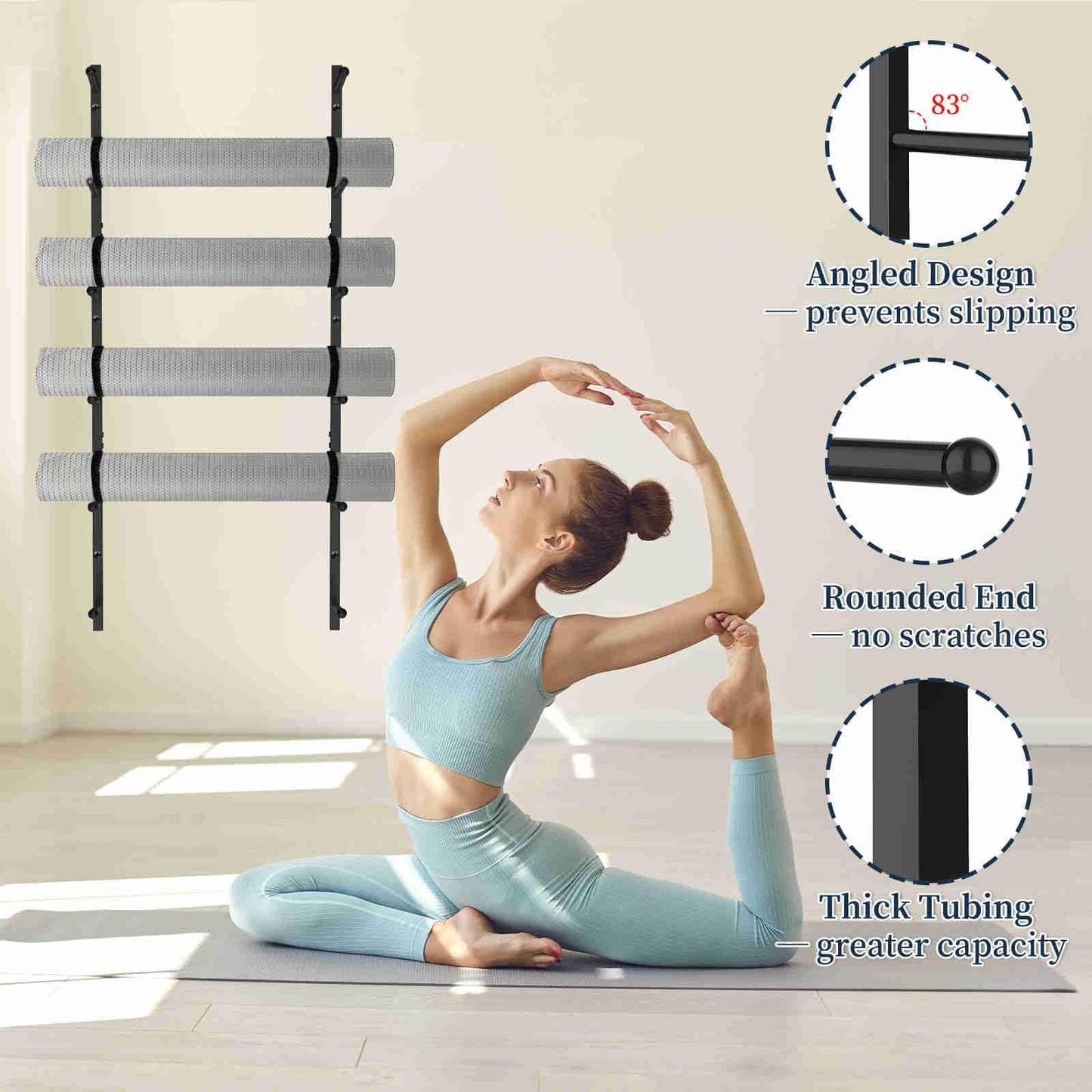 Kelmuis Yoga Mat Holder Wall Mount with 12 Straps, 6 Tier Metal Yoga Mat Storage Rack Home Gym Exercise Workout Equipment Organizer for Foam Roller Resistance Bands