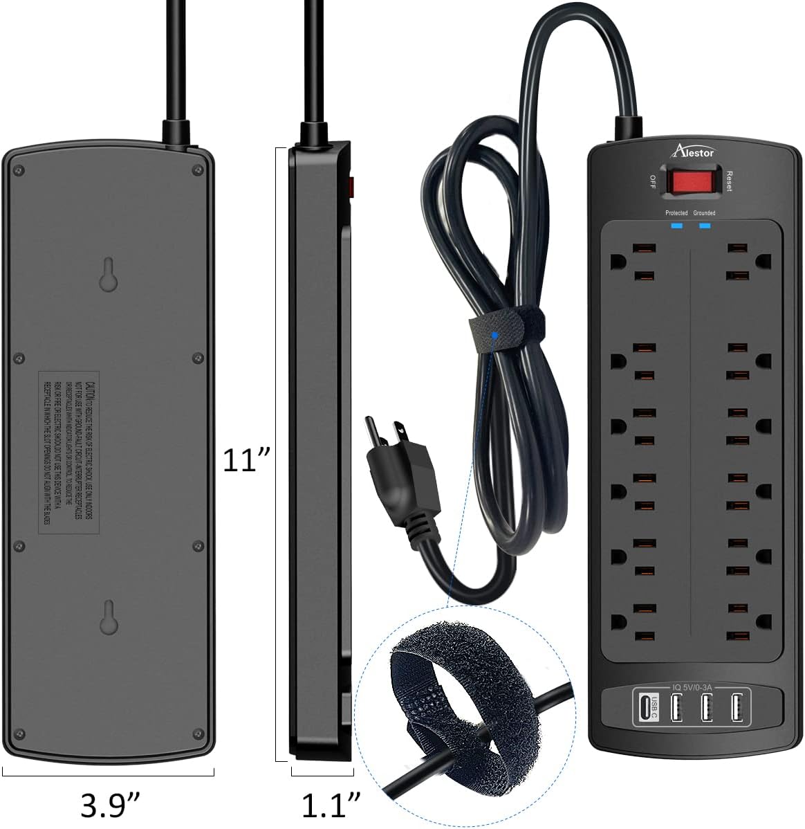 Alestor 12 4 6 (1875W/15A), 2700 Power Strip, Surge Protector with Outlets and USB Ports, Feet Extension Cord Joules