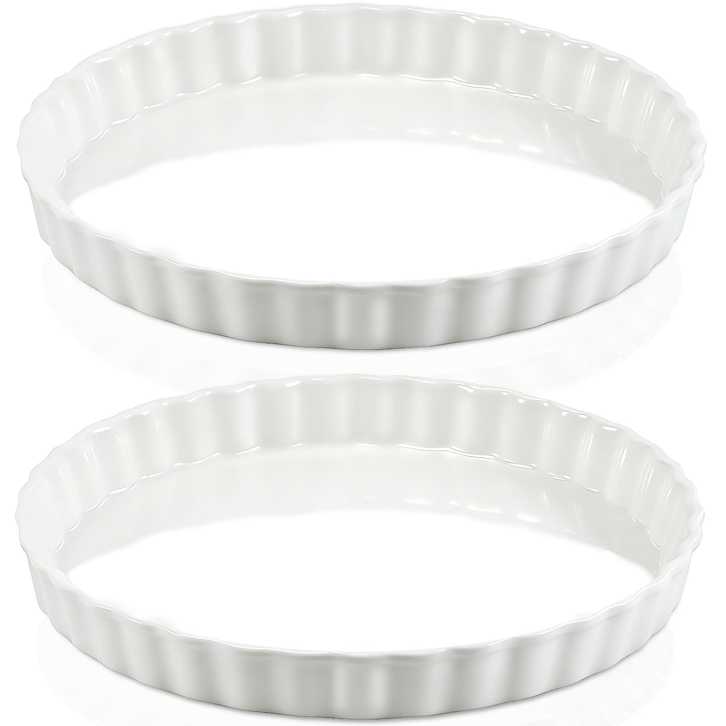 Enjamyo 10 Inches Ceramic Quiche Pans, 2 Pcs Round Pie Baking Dish, Non-Stick Round Pie Dish Quiche Pan, Fluted Edge Pie Pans for Baking Tart Pies, Apple, Quiche(White)