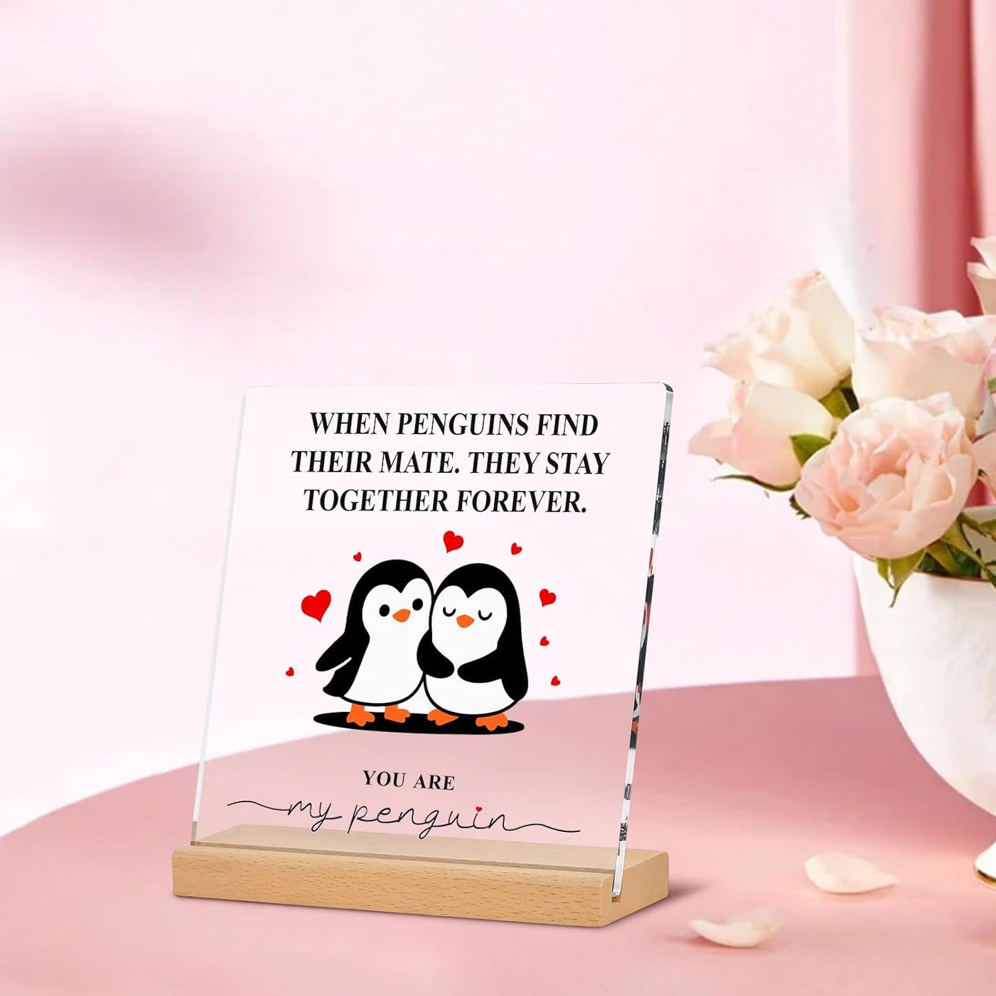 Romantic Penguin Acrylic Plaque - 5.9x5.9 Inch Clear Decor for Home & Office | Perfect Gift for Couples