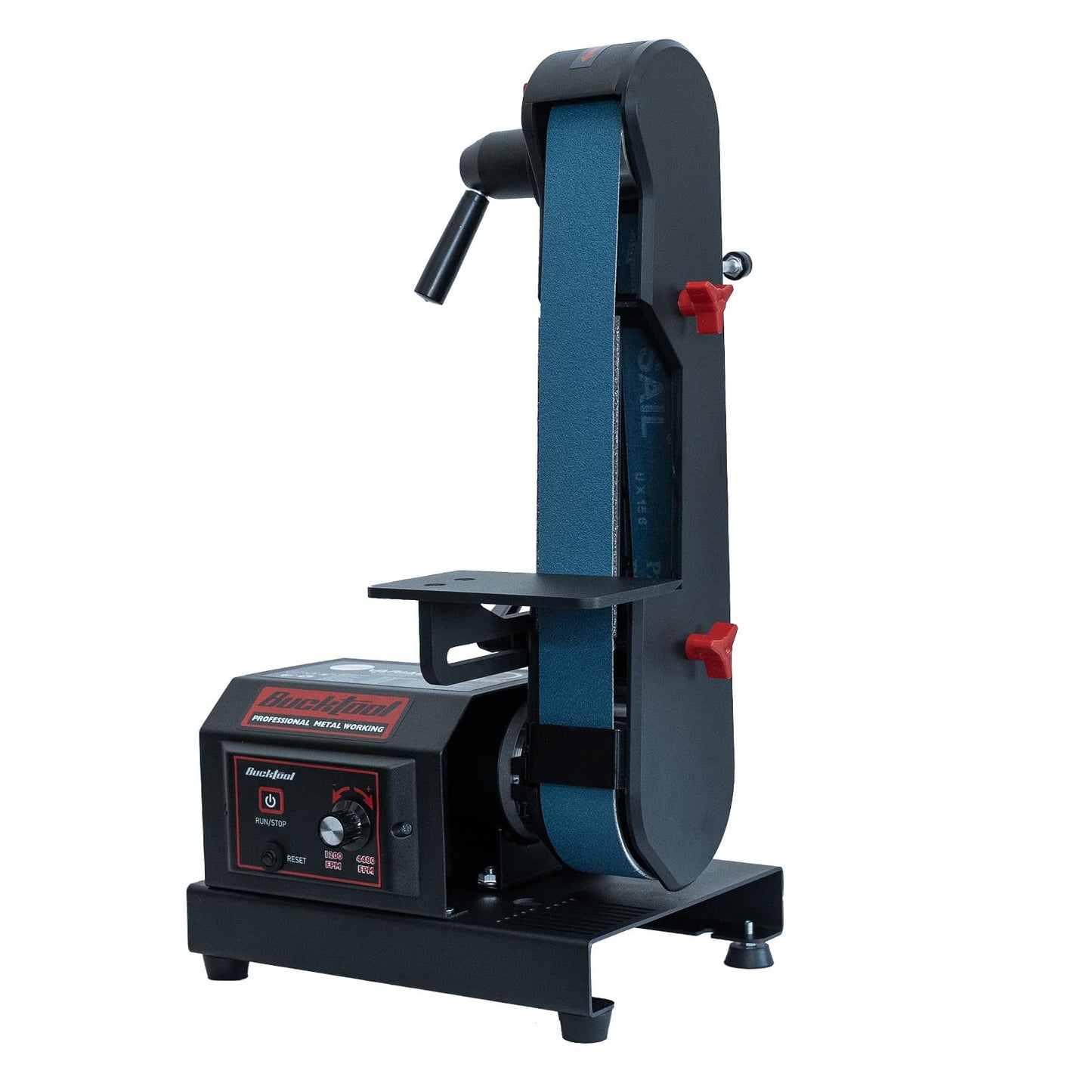 Bucktool Variable Speed 2×42 Inch Belt Sander 3.5A DC Motor with Control Panel, Quick Belt Release, Adjustable Foot, Horizontal or Wall-Mountable Bench Machine for Knife Making and Metalworking