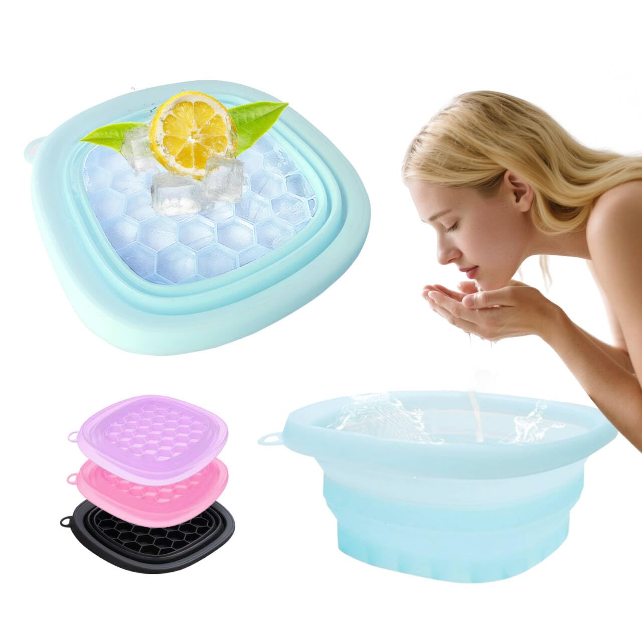EBIGIC Face Bowl for Ice with Built-in IceTray,Collapsible Silicone Face Ice Bowl – Cold Plunge Therapy for Skin Tightening & Facial Treatment– Portable Spa Tool for Home & Travel（Blue)