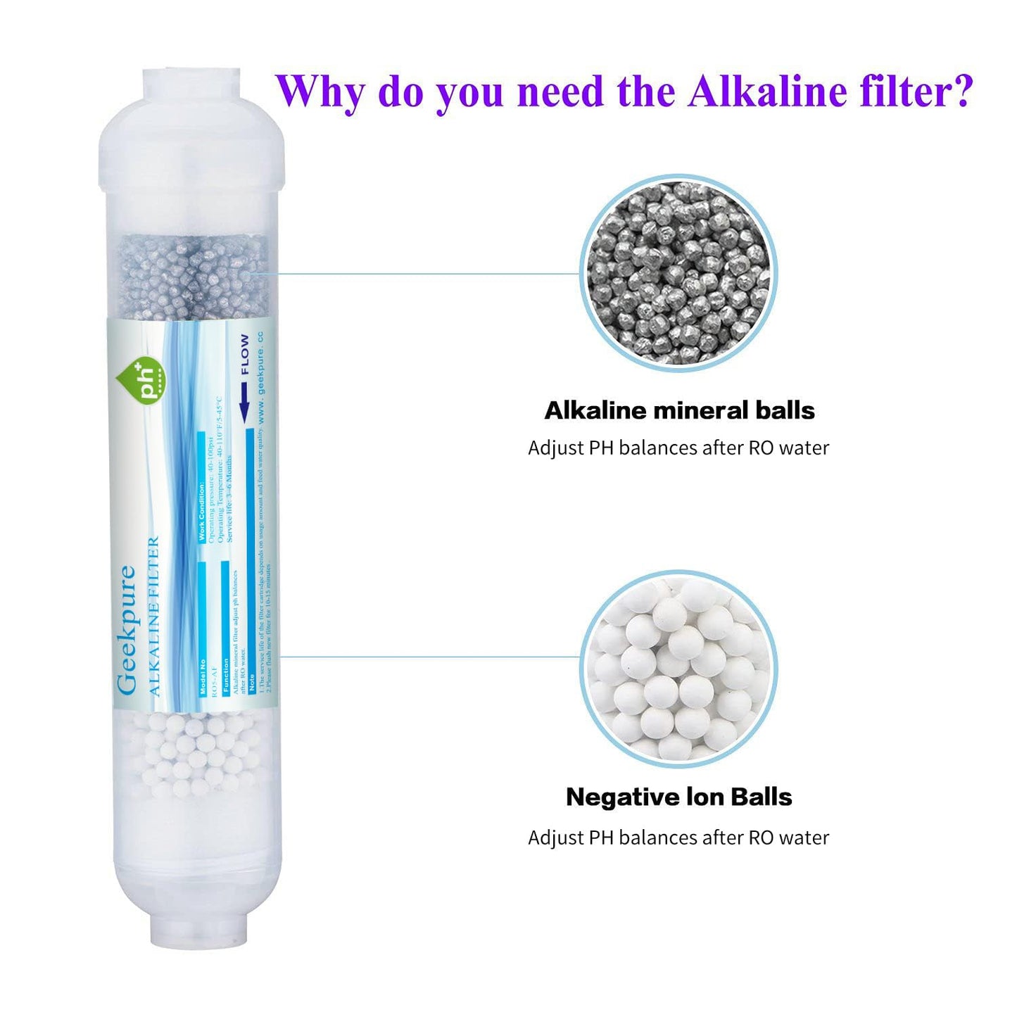 Geekpure 10 inch Inline Alkaline Replacement Water Filter Cartridge pH+ for Reverse Osmosis System -1/4”Thread-Pack 2