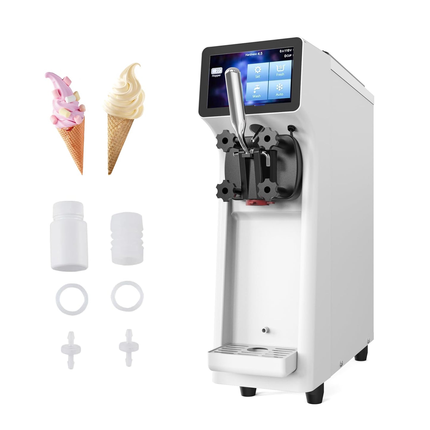 AnyDoor Commercial Ice Cream Maker Machine 1000W 2.7 to 4 Gal/H Single Flavor Soft Serve Ice Cream Machine Pre-cooling Auto Clean LCD Touch Screen Soft Serve Maker for Snack Bar Restaurants