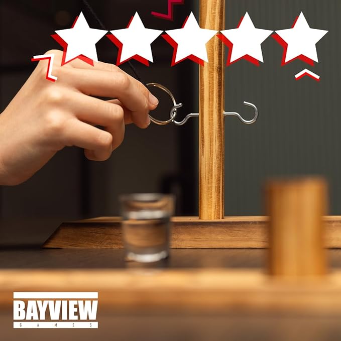 Premium Wooden Swing Ring Hook Game Set with Shot Glasses – Indoor/Outdoor Fun for Adults, Kids, and Family Parties