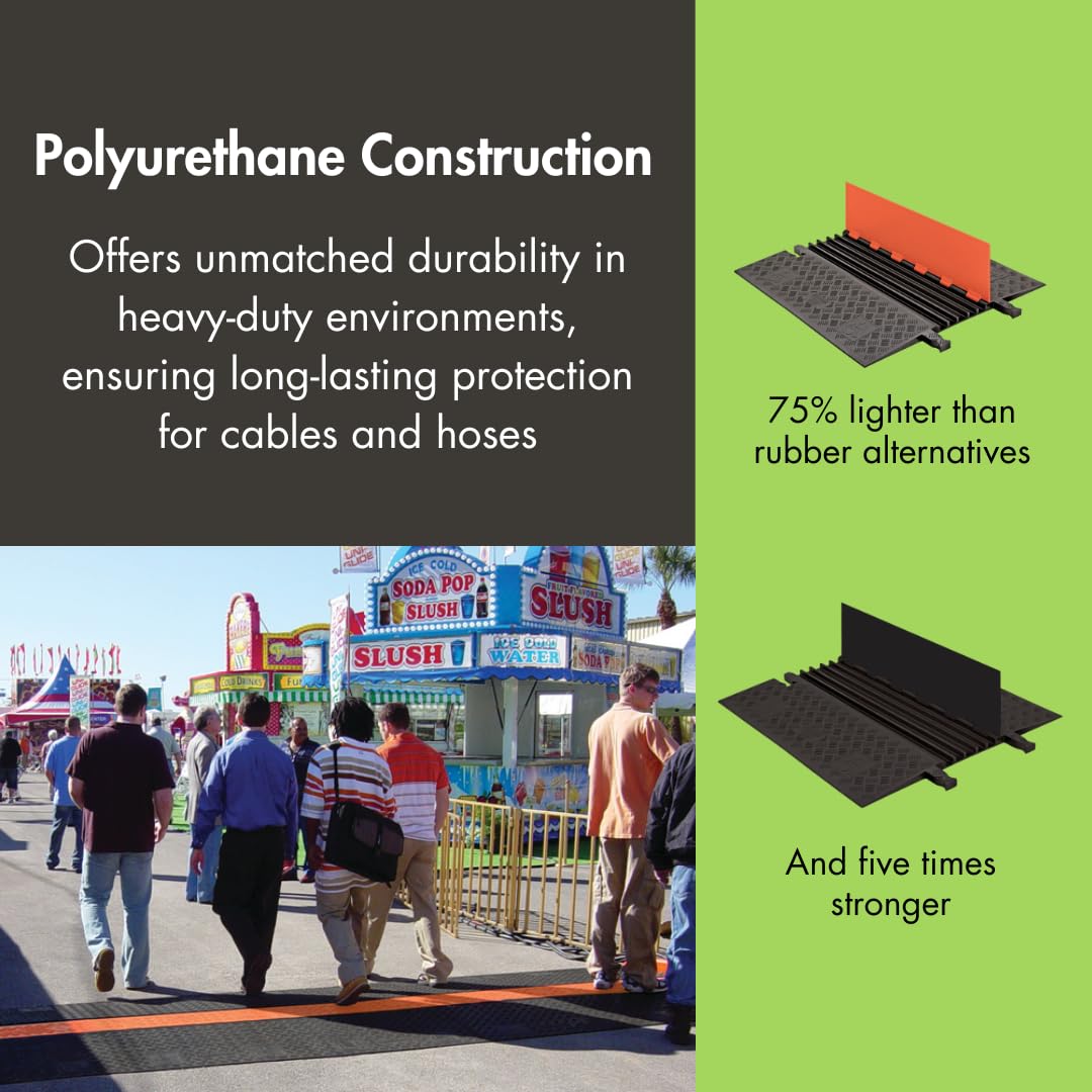 Checkers 5 Channel Low Profile Drive Over Cable Protector with Built in ADA Compliant Ramp, Heavy Duty Loads up to 68,000 Pounds, Polyurethane Construction, Black/Black, GD5X75-B/B