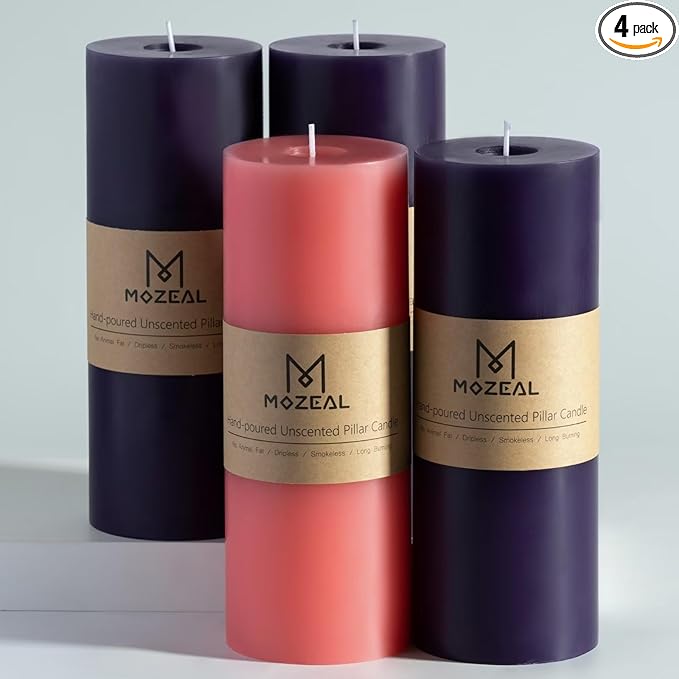 MOZEAL 3" x 8" Hand-Poured, Unscented Pillar Candles. Each Offers Approx 150 Hours of Clean, Long-Lasting Burn Time. Dripless Candles Set of 4, Ideal for Advent Wreath
