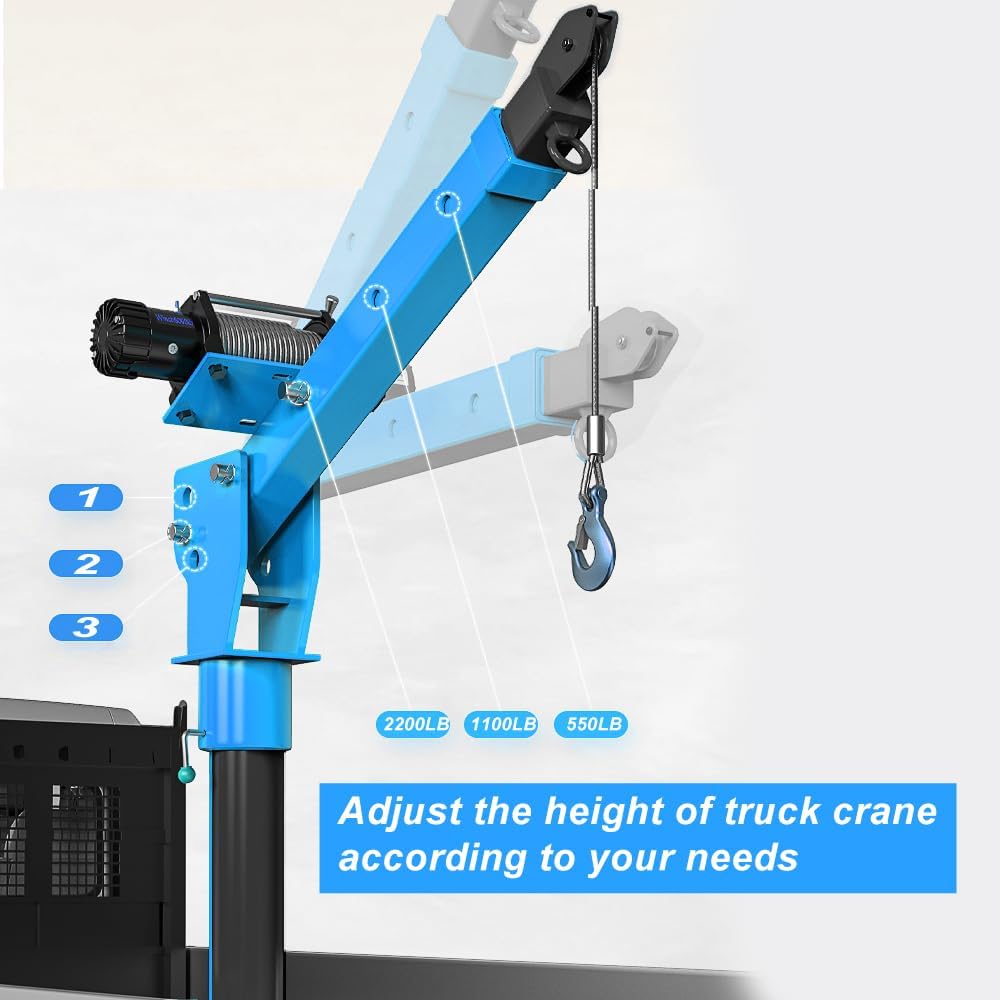 Pismire 1T/2200lb Folding Truck-Mounted Bed Crane - 5000lb 12V Electric Winch, 360° Swivel, Quick Removal Design, Painted Steel for Pickups，Blue