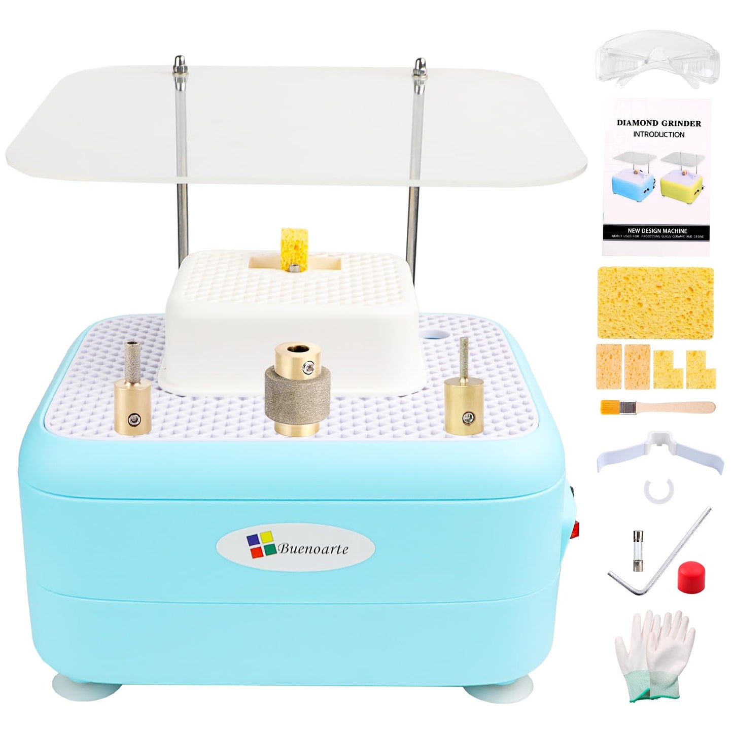 Buenoarte Portable Stained Glass Grinder Machine, Glass & Ceramic Grinding Tool Kit For DIY Craft，Mini Grinder Machine (Blue-110v)