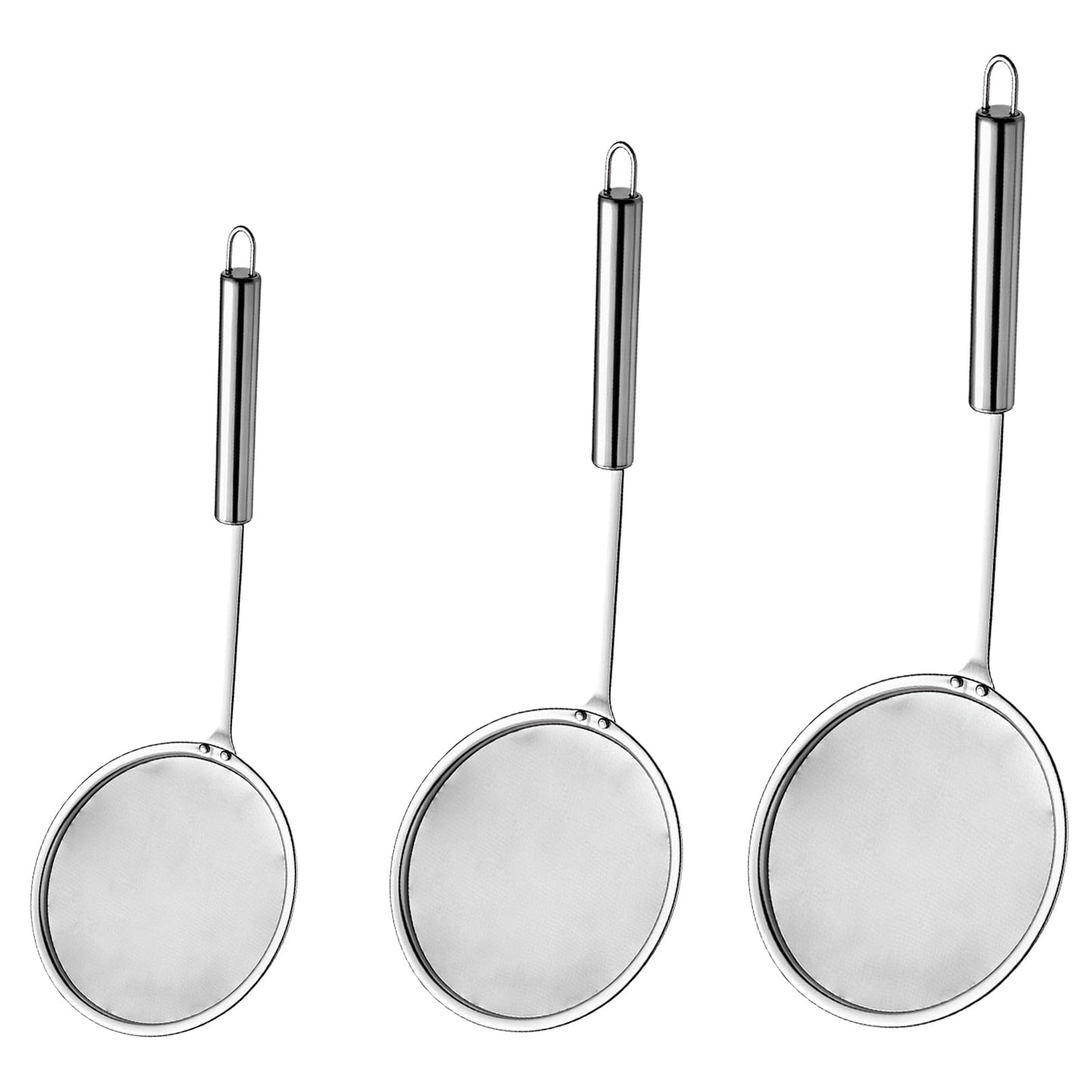 3 Pack Fat Skimmer Spoon Multi-Functional Stainless Steel Hot Pot Fat Strainer with Fine Mesh (4”, 4.7”, 5.5”) Long Handle for Frying, Soup, Quinoa, Miso