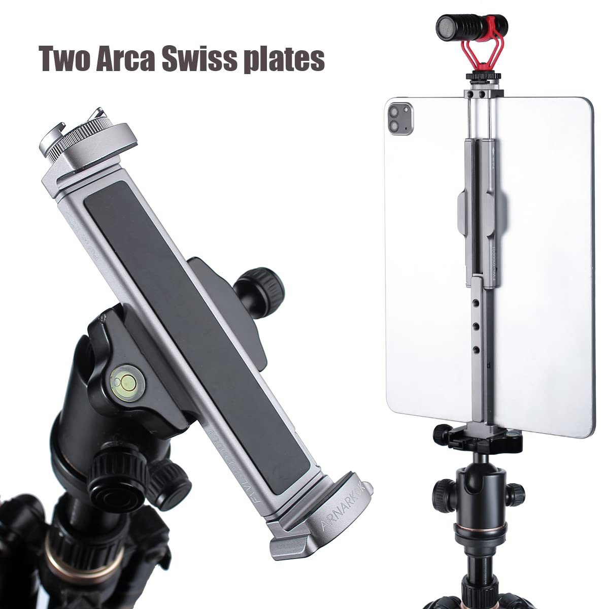 Full Metal Tablet Tripod Mount 7.9 -12.9 Inch Tablet Holder Horizontally & Vertically Position with 1 Rotatable Cold Shoe, 2 Arca Swiss Plate for iPad Video Camera Vlog Shooting Live Streaming
