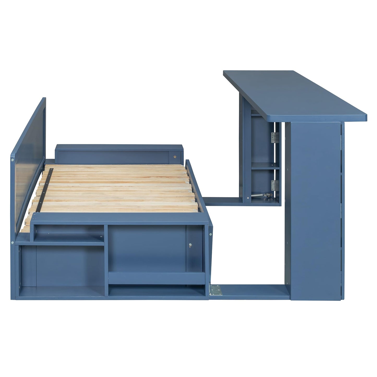 Merax Full Size Daybed with Removable Desk, Storage Drawers & Hydraulic Side Table, Blue