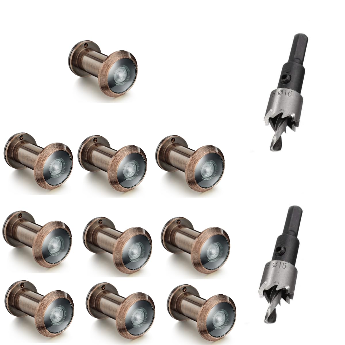 TOGU 10PCS of 220-degree Solid Brass Peep Holes for Door with 16mm Drill Bit, 0.63 inch Door Peephole with Privacy, Compatible with Door Thick from 1-3/8" to 2-1/6", Antique Copper Finish