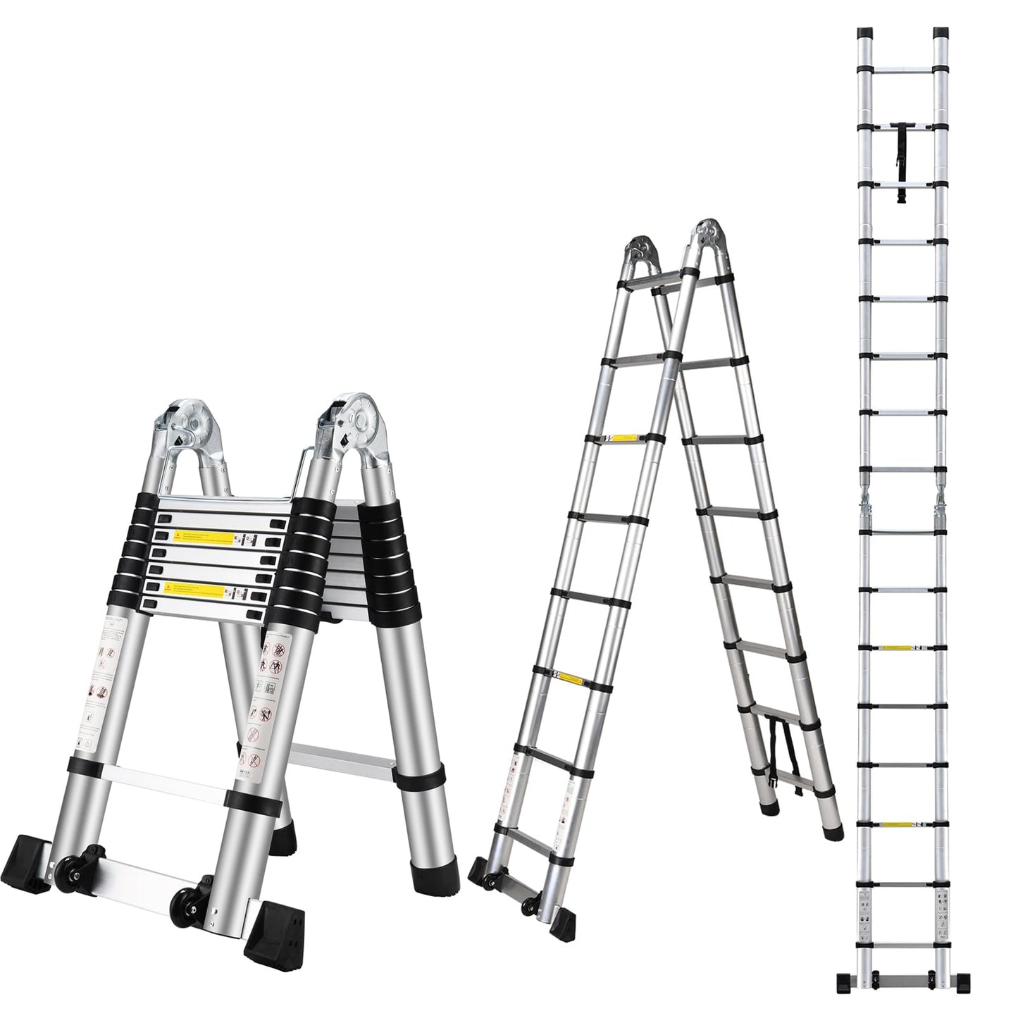Wolec 16.5 FT A Frame Telescoping Ladder, Adjustable Multi-Purpose Collapsible Extension w/Balance Bar & Wheels, Heavy Duty 330 lbs Max Capacity, Ideal for Home and Outdoor Work, Silver