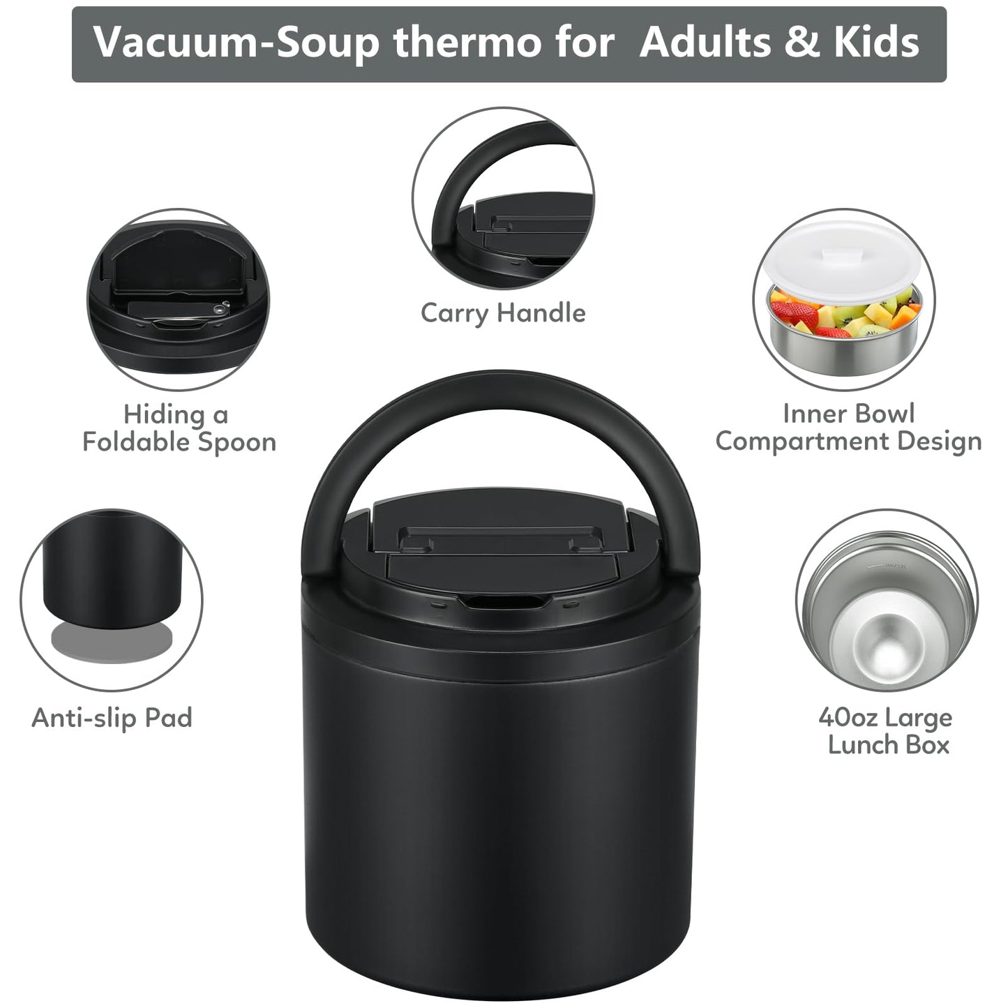 Soup Thermo for Hot Food Adults 40oz Lunch Containers Wide, Thermo Insulated Containers Leak Proof Vacuum Stainless Steel With Carry Handle and Spoon BPA Free (black)